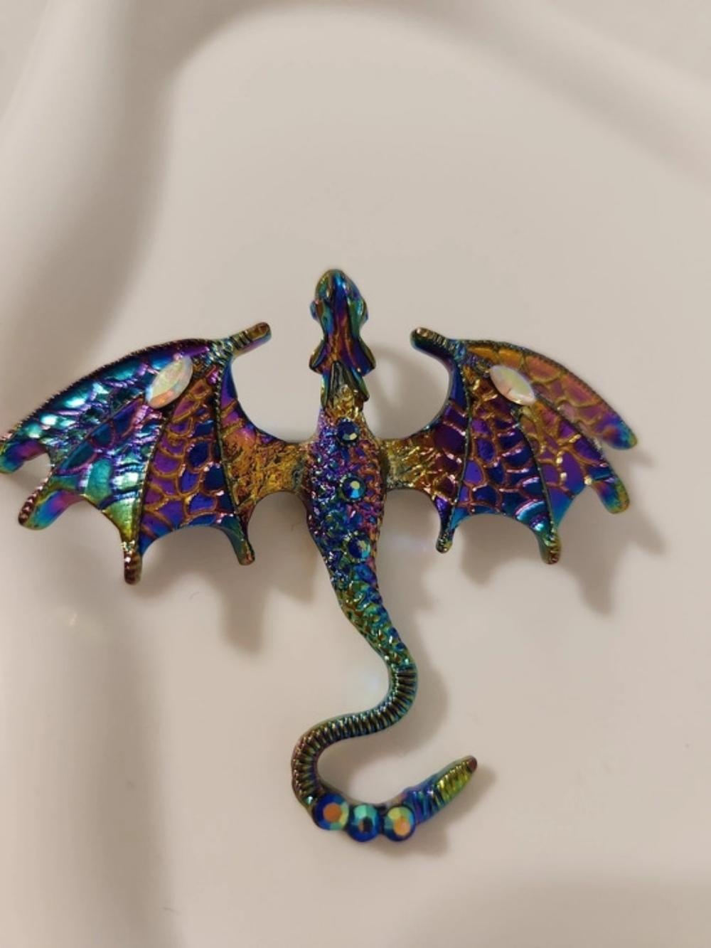 Iridescent Dragon Brooch Pendant in Blue & Purple Oil Slick Anodized Rainbow